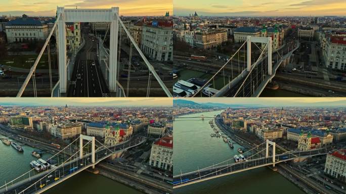 多瑙河上伊丽莎白桥的无人机镜头，由教区教堂和匈牙利布达佩斯拥挤的城市景观拍摄