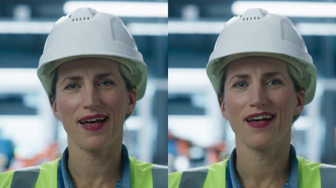 竖屏:白人女导演在工厂办公室与汽车公司设计部视频通话的镜头。戴安全帽的妇女，用机械臂讨论自主生产。