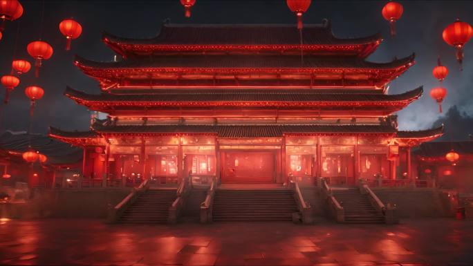 中式汉唐恢弘大气建筑夜晚红色灯笼
