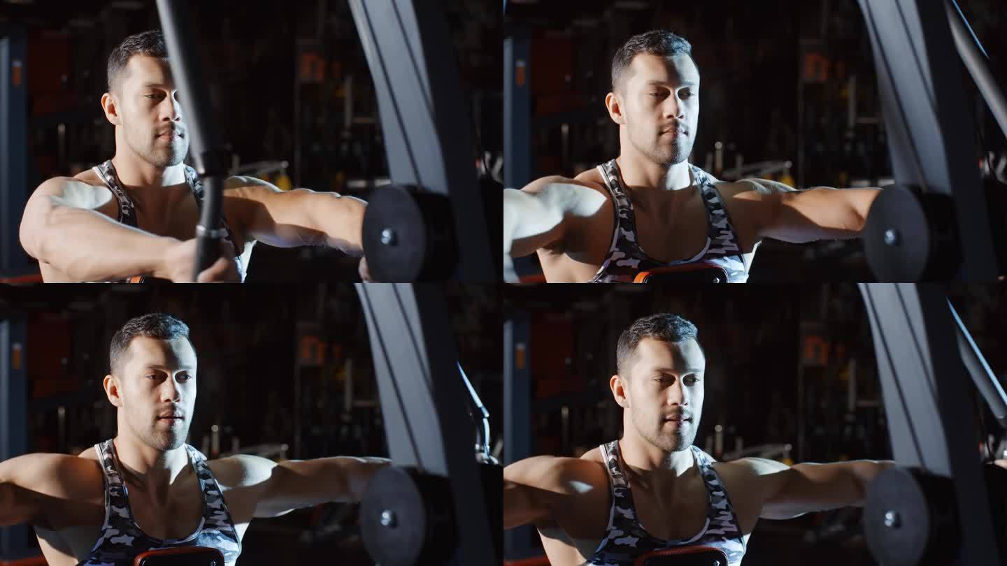 健美运动员在健身房里使用举重机锻炼双手和胸部肌肉