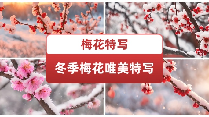 冬季梅花唯美特写 寒梅红梅盛开雪景