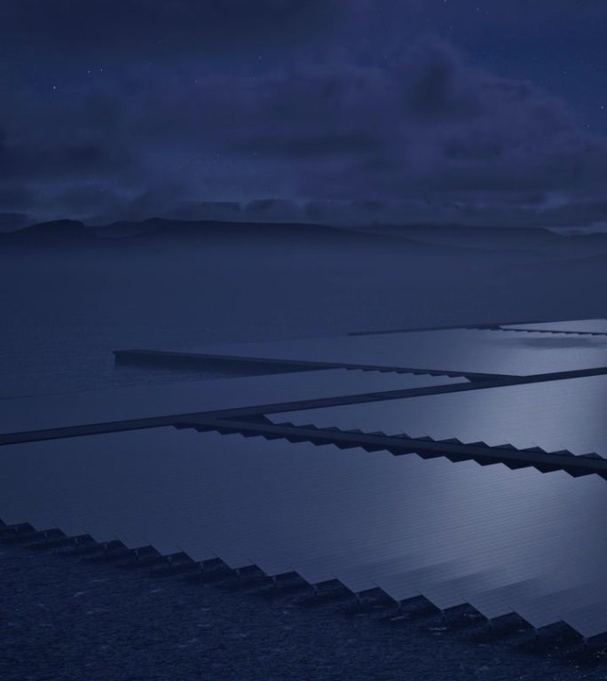 晚上水面以上的太阳能板- 4K分辨率