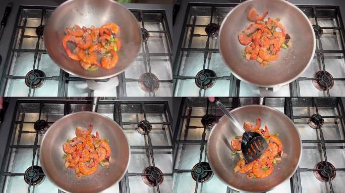用大煎锅煮大虾，放入青椒和香菇，蒸熟