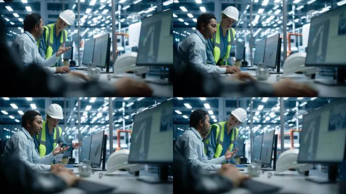 工厂办公室:印度男性工业设计师在台式电脑上向白人女性工艺工程师展示传输3D渲染。自动化机器人手臂装配