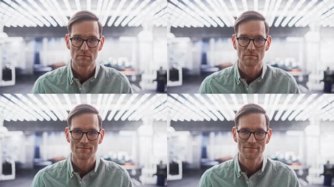 一个自信快乐的男人的肖像，戴着眼镜，穿着灰色衬衫，看着镜头，真诚而迷人的微笑。在不同公司办公室工作的