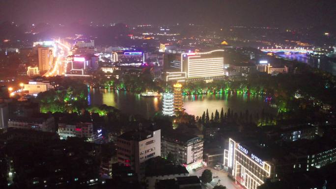 桂林日月双塔文化公园夜景航拍