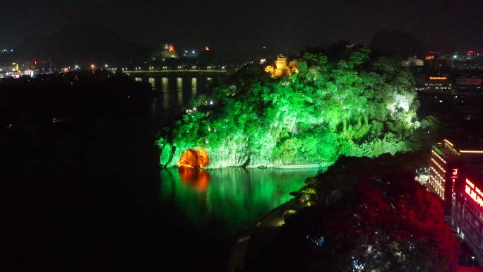 桂林象鼻山景区夜景航拍