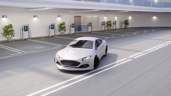 一辆现代通用电动汽车的高质量逼真3d渲染，司机从豪华停车位开车出来。未来设计的环保车辆在现实的城市环