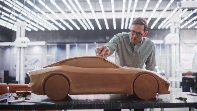 戴着眼镜的英俊汽车设计师正在用聚合物建模粘土制作原型车。造型师雕刻表面，考虑3D雕塑，若有所思地看着