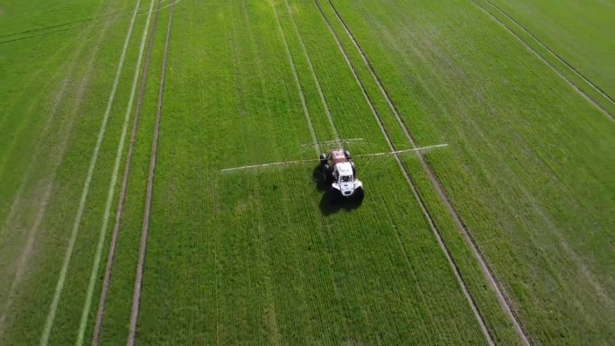 一辆特殊的拖拉机在一片绿地上喷洒农药。农民在麦田里喷洒除草剂。农业机械加工大豆作物。从上面看。农业的