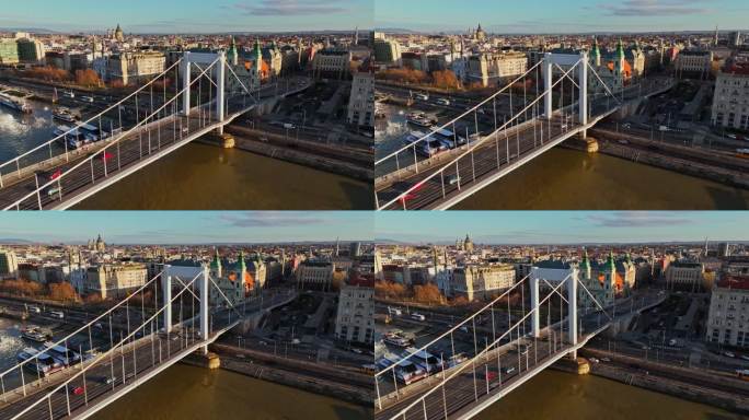 空中无人机拍摄的伊丽莎白桥由布达佩斯城市景观在晴朗的日子，匈牙利