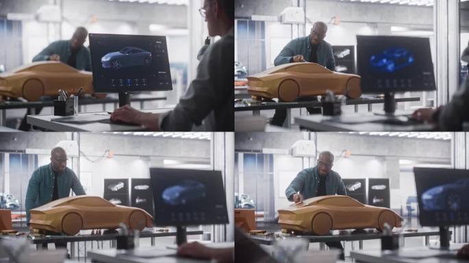 汽车设计师和建模师作为一个团队在工作室创建一个未来的汽车。工程师在桌面电脑上进行数字渲染，非洲雕塑家