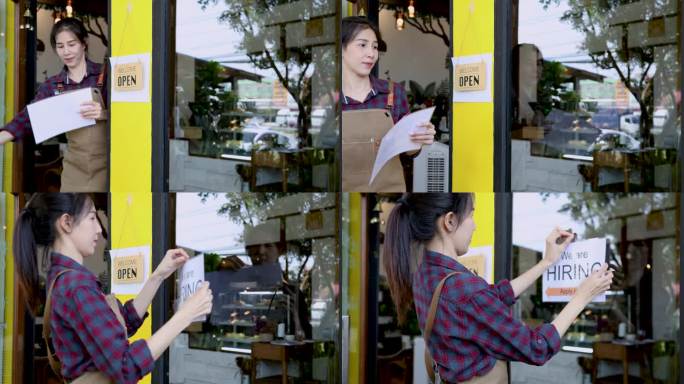 创业企业家亚洲女性开心地微笑着打开门摆出招聘启事准备扩大小生意，成功的面包店或咖啡店老板生活方式职业