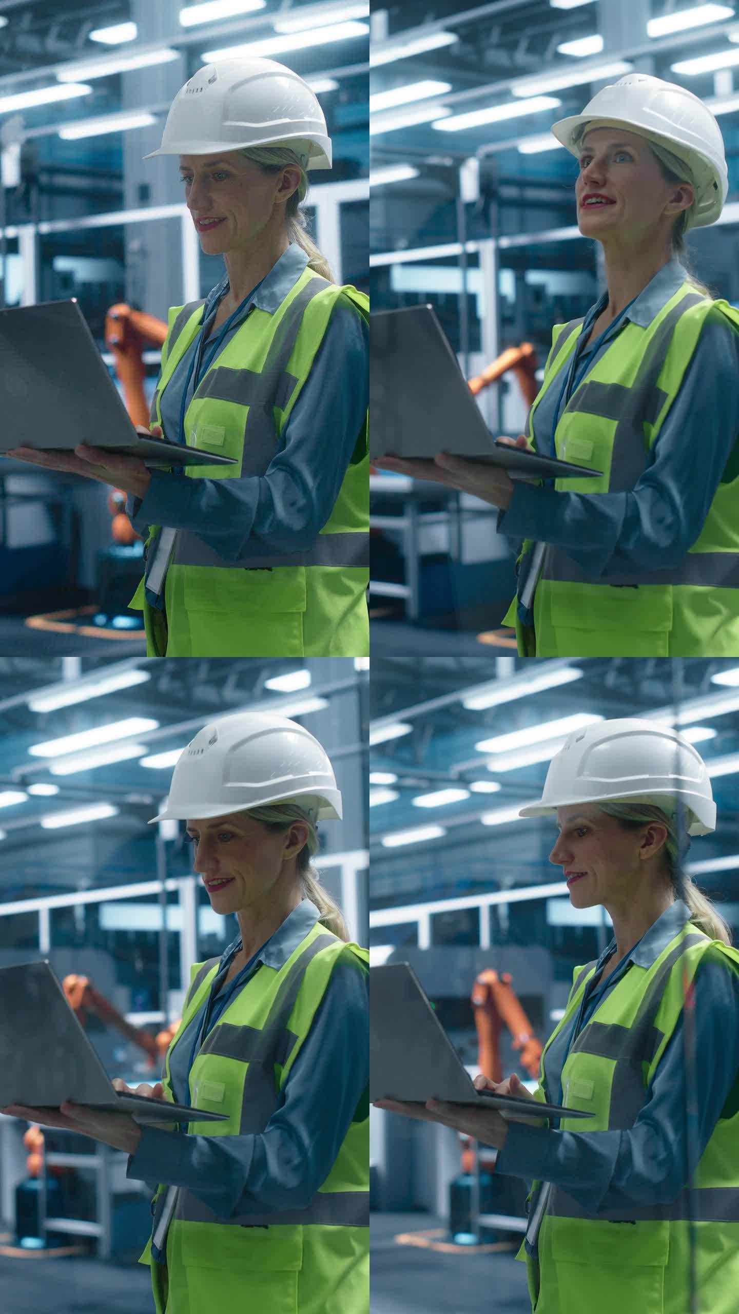 竖屏:自信的白人女总工程师戴着安全帽在汽车厂办公室用笔记本电脑工作的肖像。自动化机械臂装配线制造车辆
