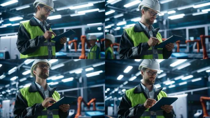 戴着安全帽站在现代工厂大厅里的白人男工程师在重型机械制造厂使用平板电脑的肖像。工人用软件给装配线上的