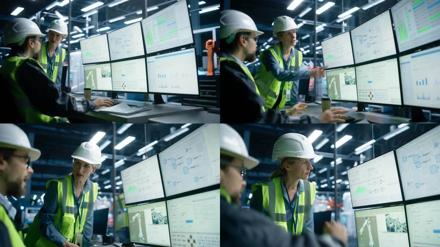 工业机械厂白人男性工艺工程师使用多显示器工作站与女主管交谈。同事们用机械臂监控自动装配线。