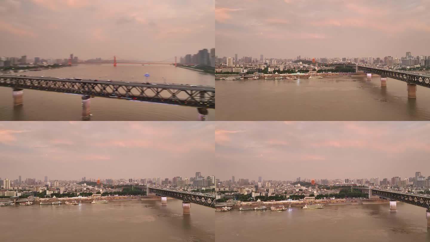 4K武汉长江大桥龟山夏季日落航拍原视频