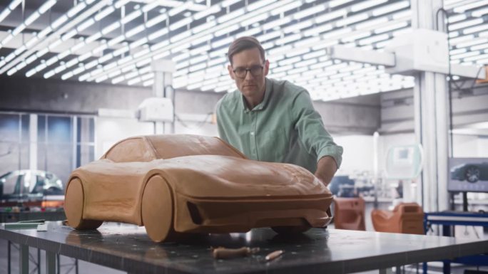 汽车建模师在橡皮泥模型粘土制成的概念车上享受创造性的工作过程。英俊的设计师用抹刀平滑现代电动汽车的原
