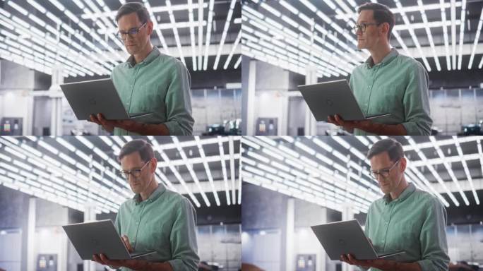 一个戴眼镜的自信的白人男性使用笔记本电脑的肖像。在国际科技公司办公室成功有经验的在线工作专业人员