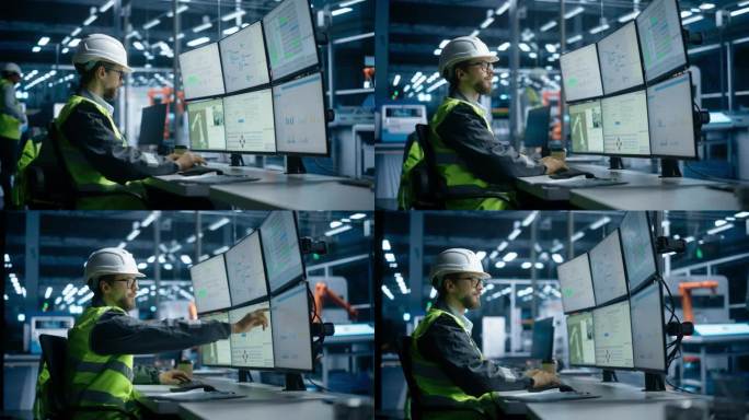 白人男性自主装配线操作员使用多监视器工作站监测和控制机械臂自动化电子产品的生产。人工调整制造过程。