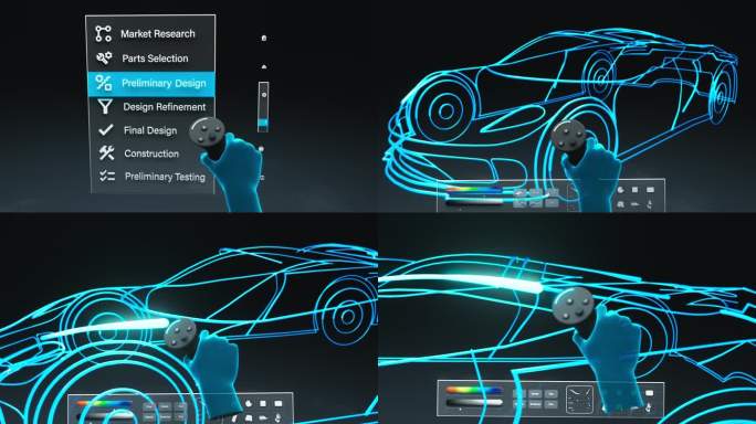 Metaverse图形设计软件。一个艺术家用光滑的蓝色数字线创造未来主义汽车形状的POV。汽车工程，