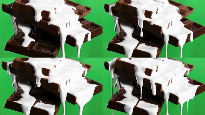 近距离的巧克力棒与排水白色釉隔离在色度键绿色墙壁背景。股票剪辑。黑巧克力和白釉