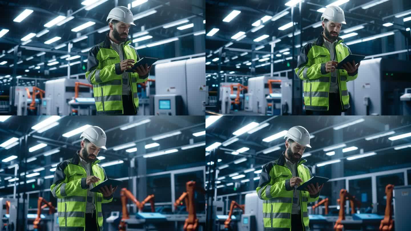 体贴的西班牙裔男性工程师拿着平板电脑，用人工智能驱动的机械手监控自动化工业机械装配线的情况。