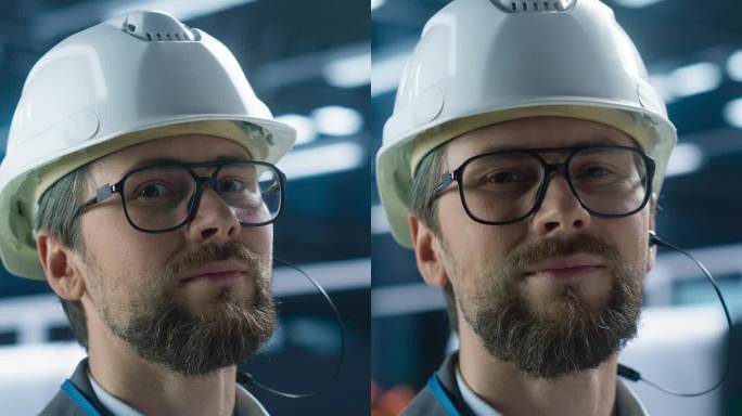 竖屏:白人男性生产主管的肖像，戴着眼镜，微笑着看着镜头。在工厂的机械臂装配线上，戴着安全帽和反光夹克