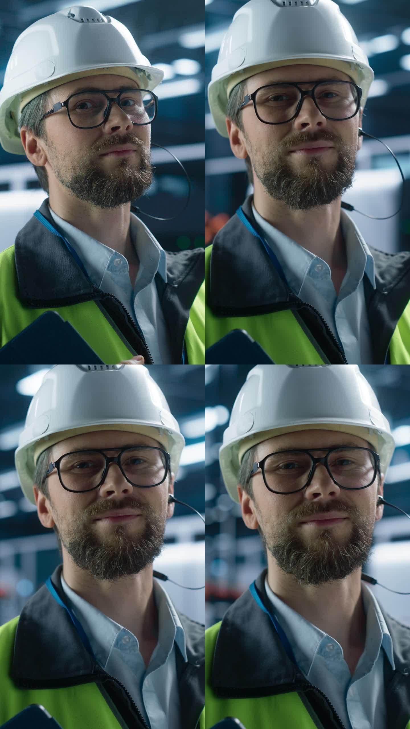 竖屏:白人男性生产主管的肖像，戴着眼镜，微笑着看着镜头。在工厂的机械臂装配线上，戴着安全帽和反光夹克