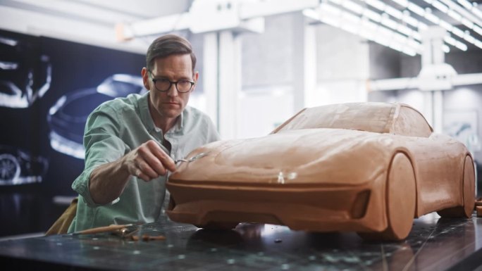 一位英俊的汽车设计师戴着眼镜，用聚合物建模粘土制作概念车。造型师看着相机和微笑后雕刻模型车辆的表面