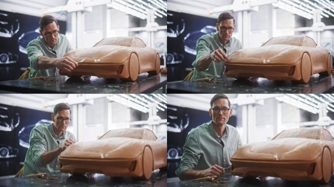 一位英俊的汽车设计师戴着眼镜，用聚合物建模粘土制作概念车。造型师看着相机和微笑后雕刻模型车辆的表面