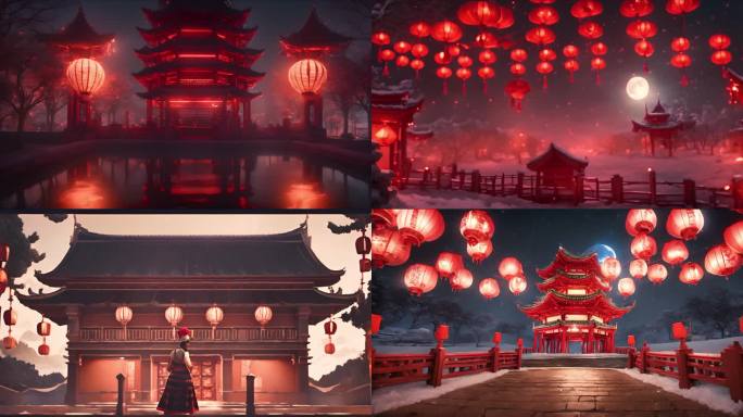 红色灯笼中式建筑汉唐宋过年庆祝集会