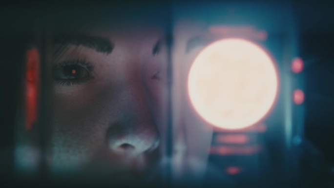 一名妇女在实验室的冷聚变室里观察等离子体球。利用能源的概念。冷聚变能量无限，能量无穷。科幻电影动画。