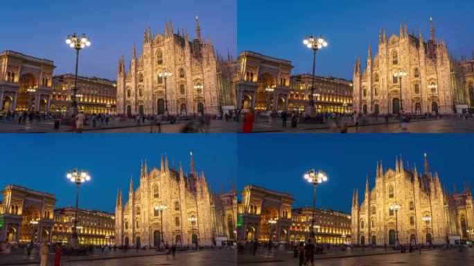 意大利米兰大教堂(米兰大教堂)和维托里奥·伊曼纽尔二世画廊的人群旅游步行和观光景点的昼夜延时