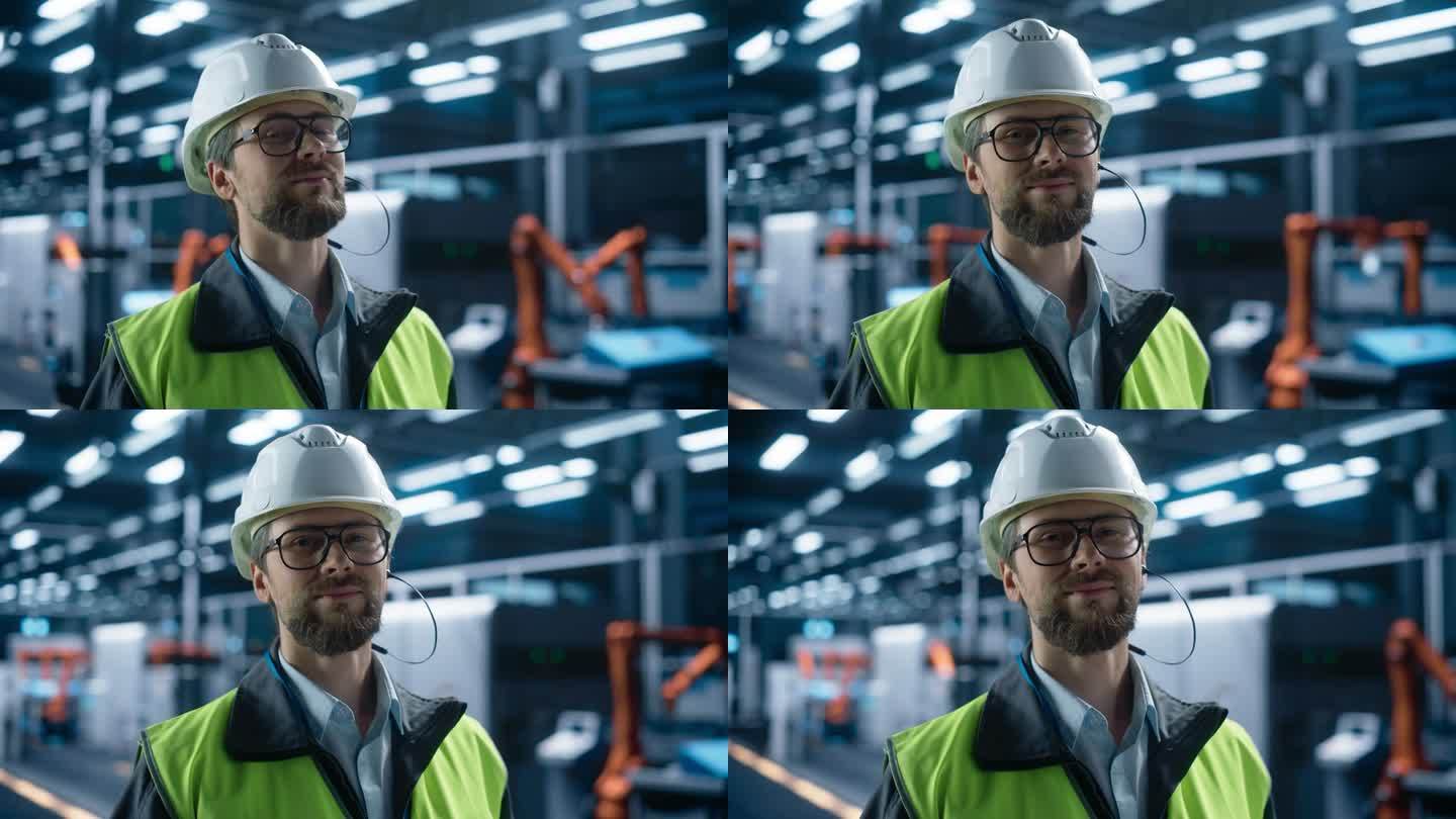 工艺工程师微笑着，看着镜头。一个戴着白色防护帽和反光夹克的白人男子的肖像。专家在工厂用机器人手臂监控
