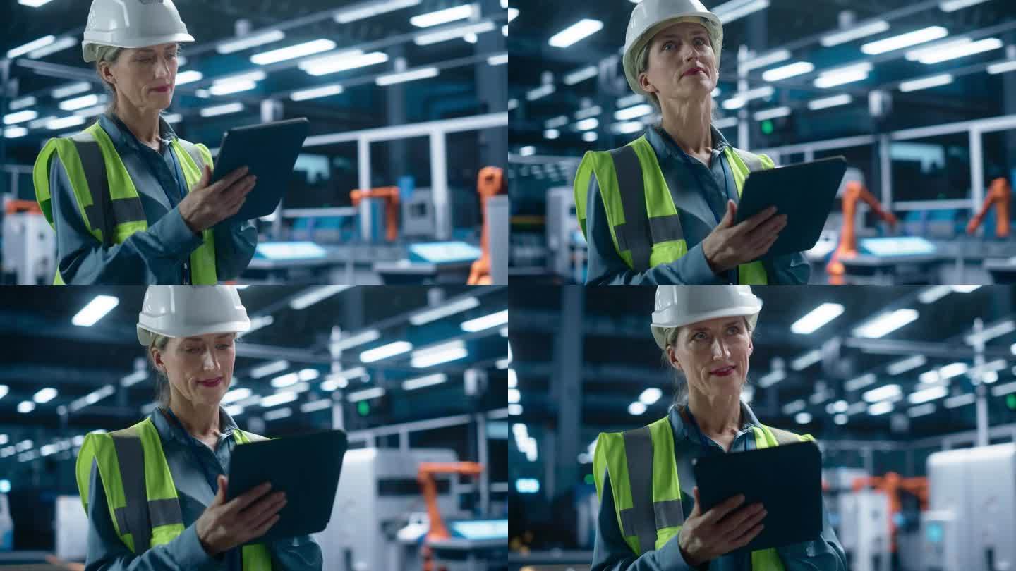 美丽的白人女工程师站在工厂办公室里，在一家机械制造厂使用平板电脑。专家使用在线软件为装配线上的机器人