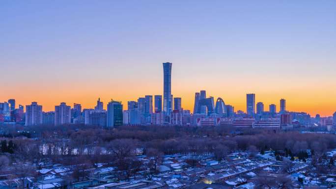 冬季北京国贸城市天际线日转夜延时