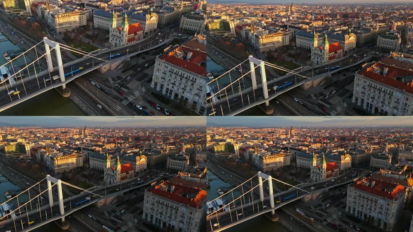 空中无人机拍摄的伊丽莎白桥由布达佩斯城市景观在晴朗的一天，匈牙利