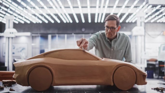 一位戴着眼镜的英俊汽车设计师的肖像，他正在用聚合物建模粘土制作一辆原型车。造型师看着相机和微笑后雕刻