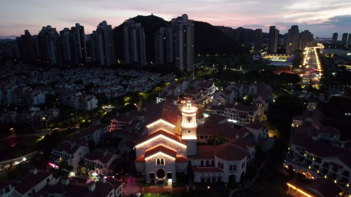 厦门漳州港海边小镇夜景火烧云4K航拍