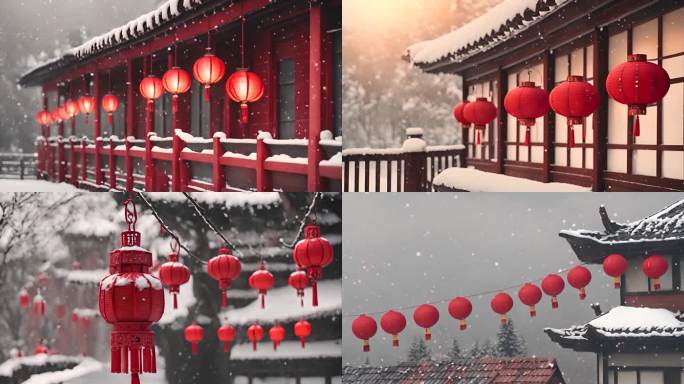 春节冬天灯笼雪景合集