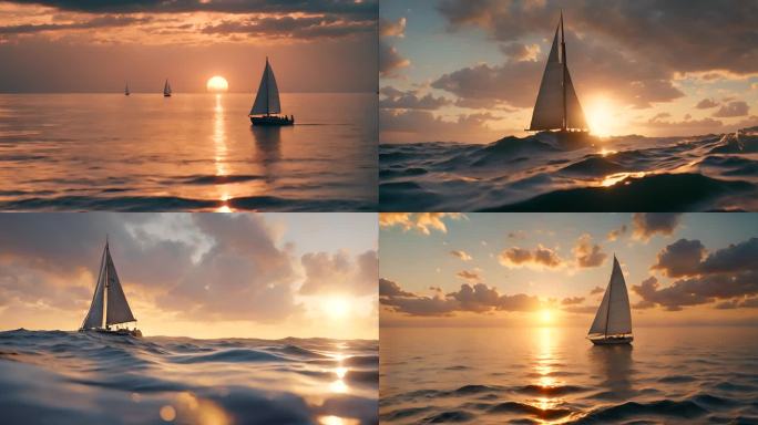 夕阳大海帆船