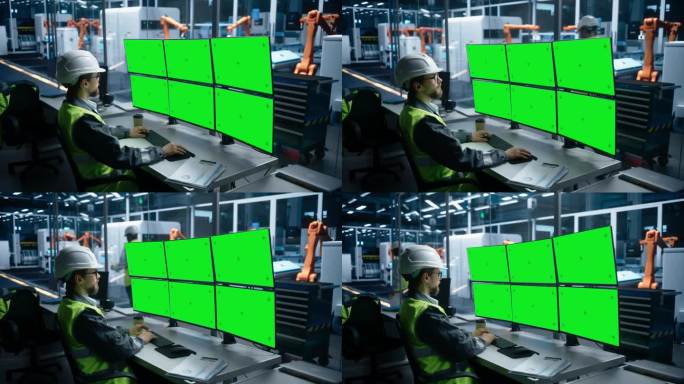 白人男性自主装配线操作员使用多显示器工作站与绿色屏幕Chromakey显示监控和控制现代电子产品与机