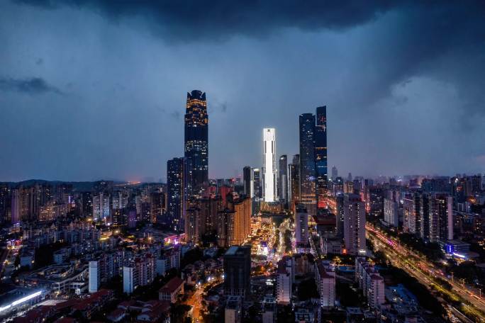 航拍南宁东盟商务区台风风云雷电雨恶劣天气