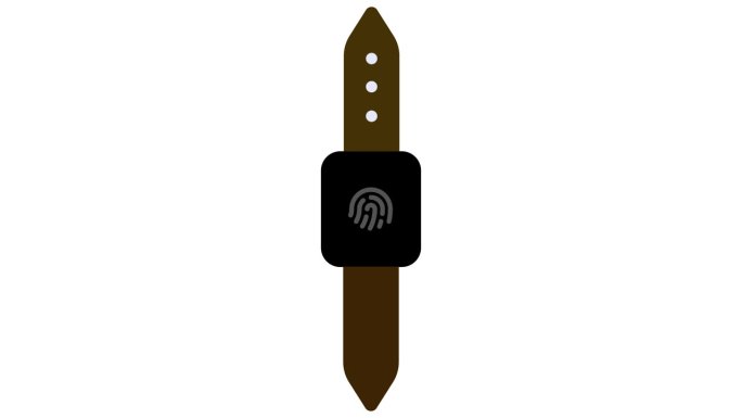 极简的智能手表设计理念，棕色表带和黑色表盘，配有指纹图标。