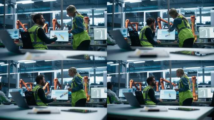 工厂办公室:西班牙裔男性工业工程师在台式电脑上向白人女性经理展示机器部件的3D渲染。自动化机器人手臂