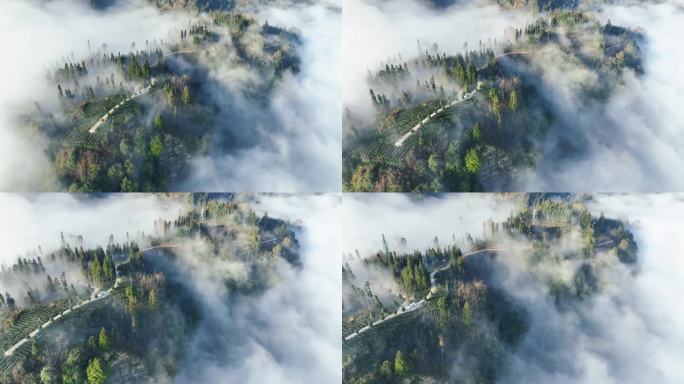 唯美大气云雾缭绕仙境山村自然风景