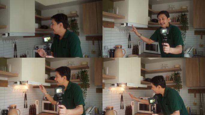 男人通过家庭视频日志创建引人入胜的烹饪内容。