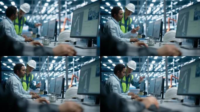 工厂办公室:印度男性工业工程师在台式电脑上向白人女性经理展示机器部件的3D渲染。自动化机器人手臂装配