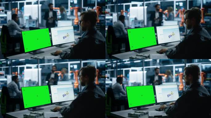 白人男性工程师在电机工厂用机械臂控制自动输送机。男子使用桌面电脑与绿屏Chromakey显示调整自动